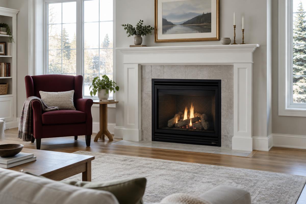 Illustrative gas fireplace with a white mantel and burgundy armchair