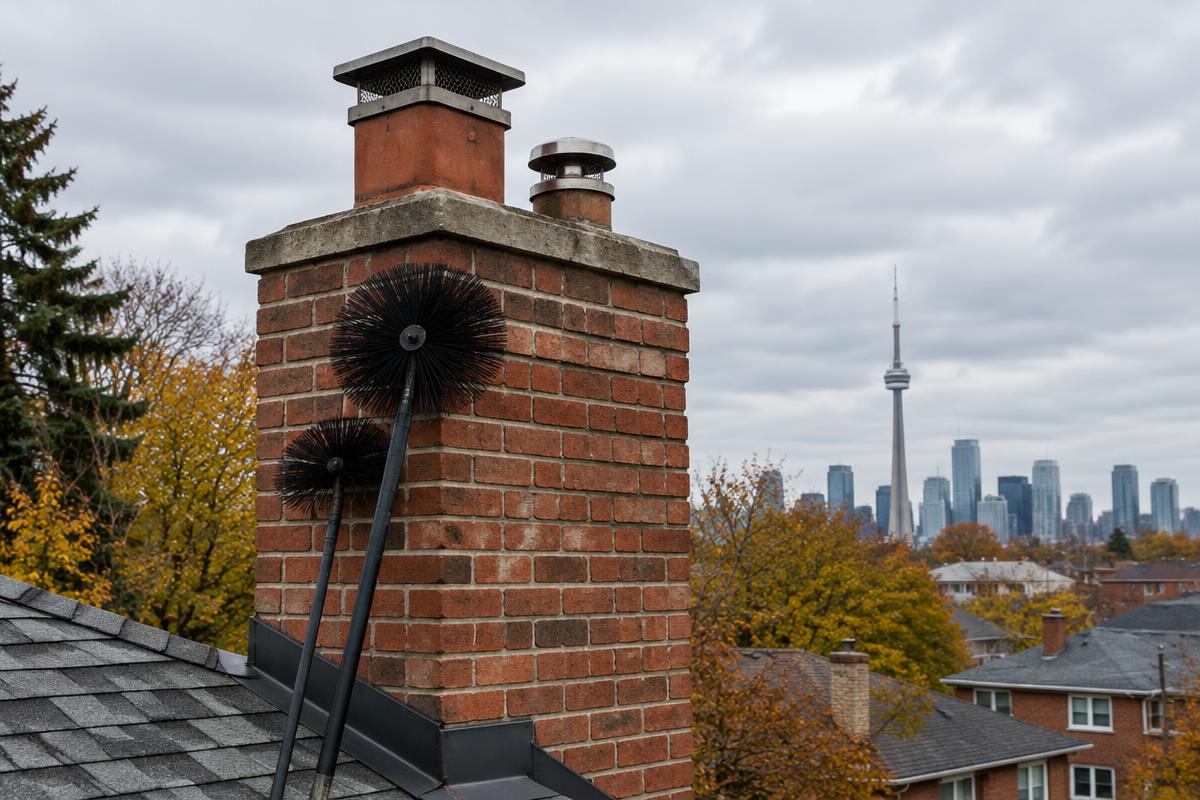 Illustrative photo of chimney sweep brushes resting against a brick chimney on a Toronto area roof