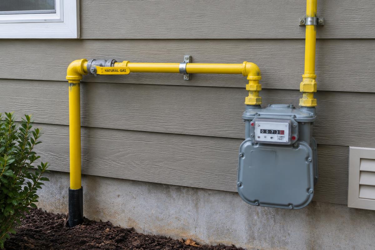 Illustrative photo of yellow natural gas piping with a shutoff valve beside a house gas meter
