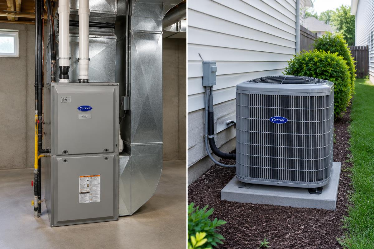 Illustrative photo of a basement gas furnace beside an outdoor air conditioning condenser